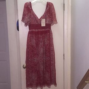 Red maxi dress with plunging neck
